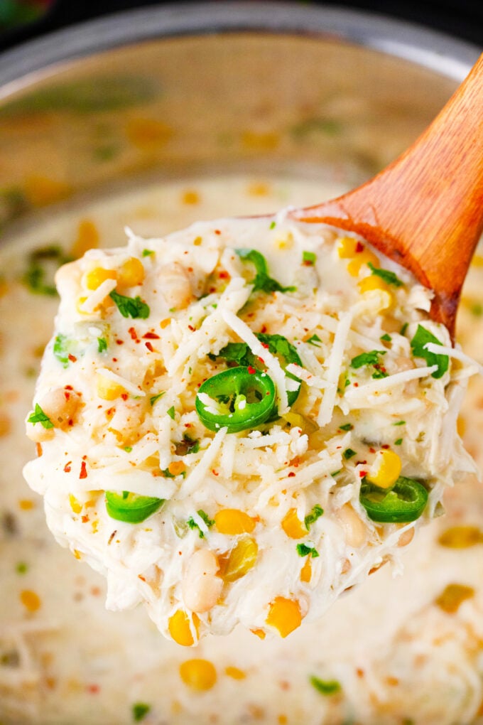A ladle of Instant Pot white chicken chili.