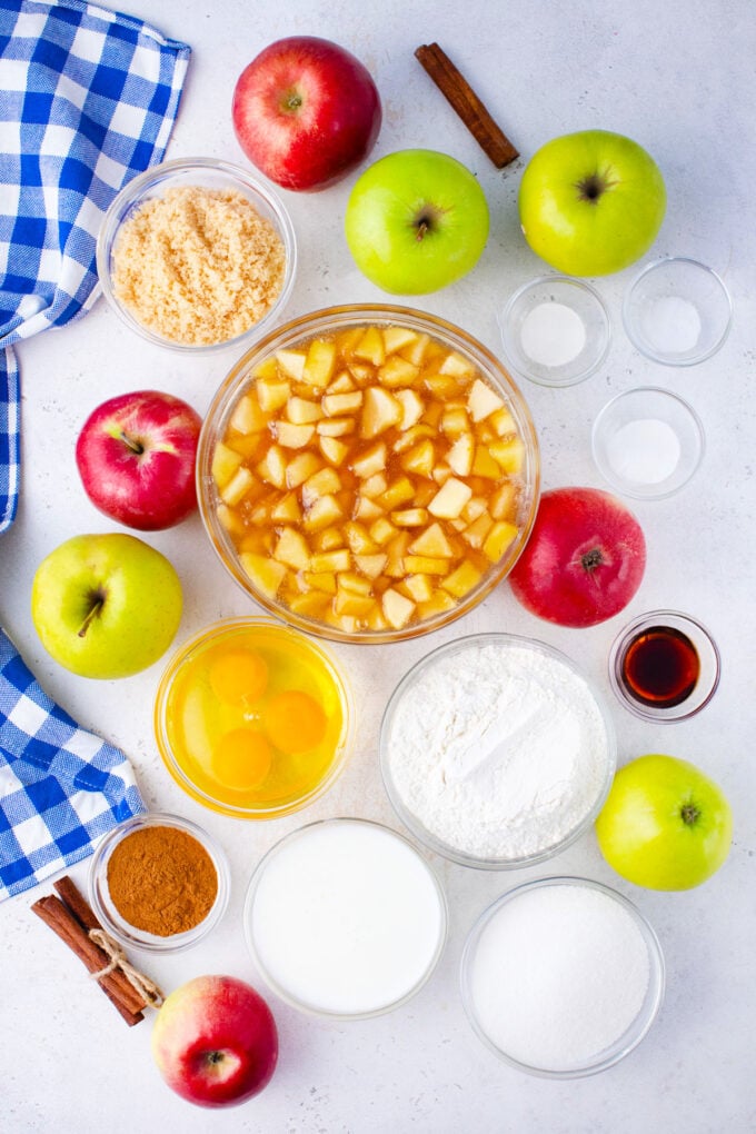 Overhead shot of apple pie coffee cake recipe ingredients.