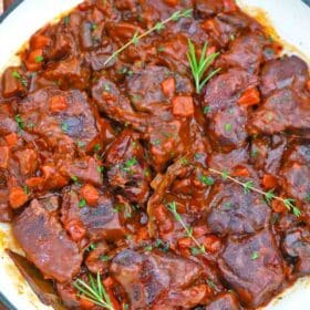 overhead shot of beef and mushrooms in a pan