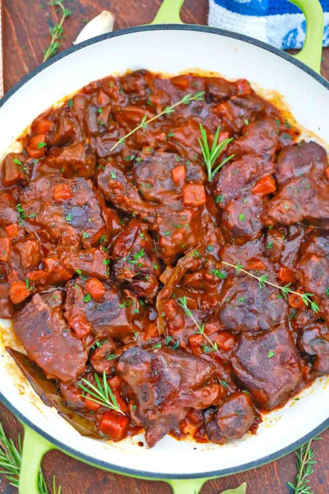 overhead shot of beef and mushrooms in a pan