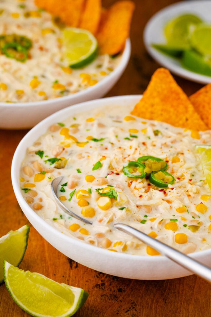 A bowl of Instant Pot white chicken chili.