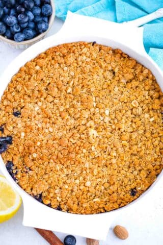 overhead shot of blueberry crisp with golden brown topping
