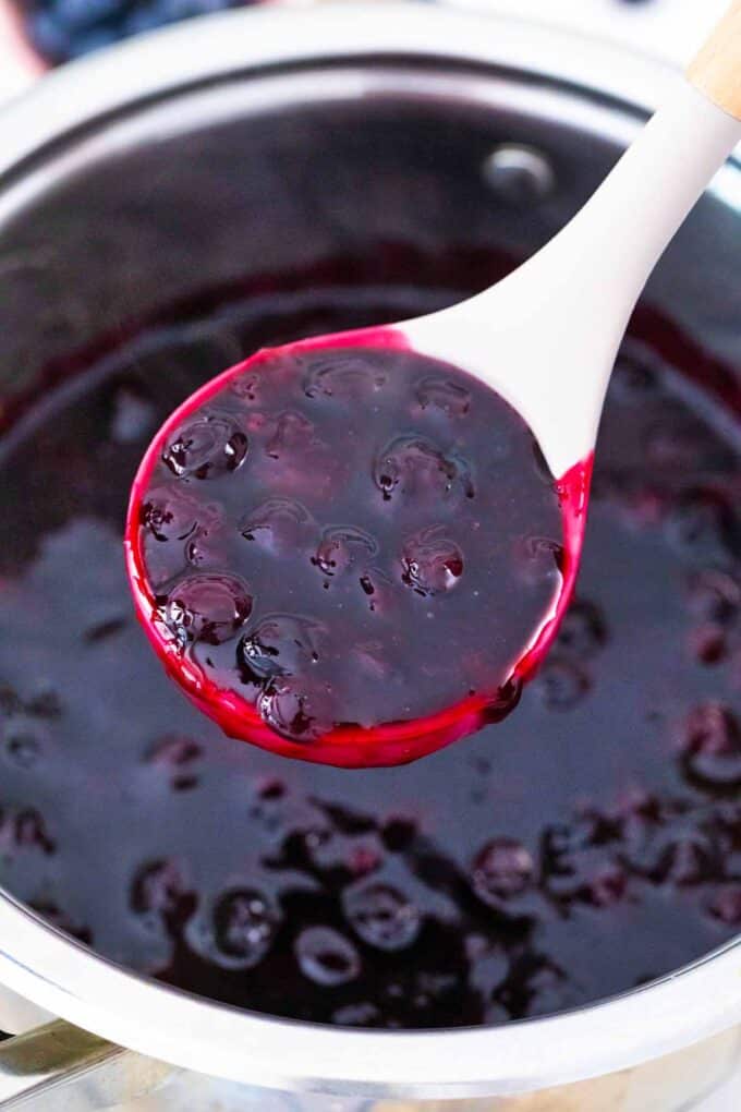 a ladle filled with juicy homemade blueberry sauce