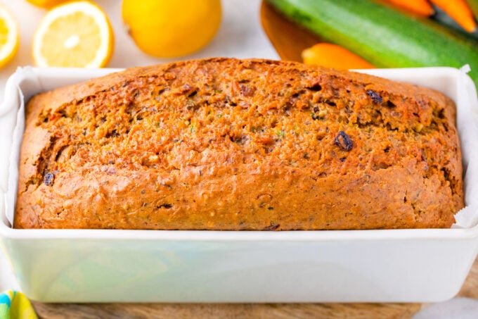 Carrot zucchini bread in a loaf pan.