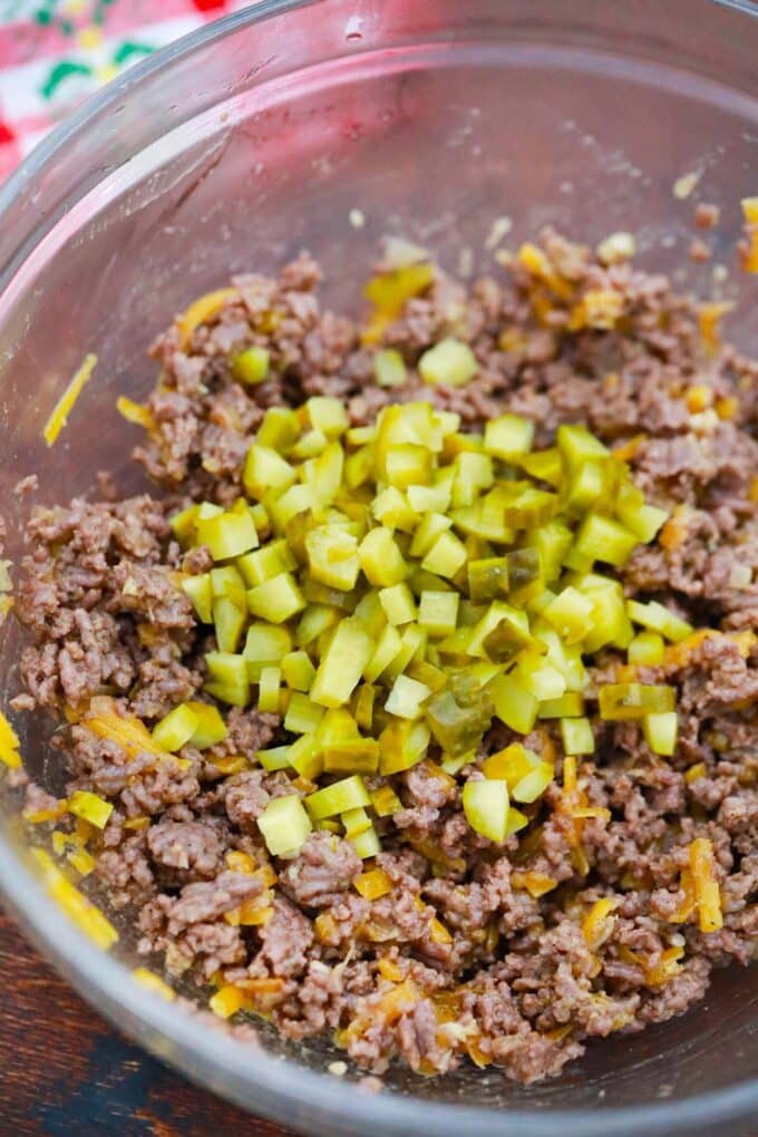 Cheeseburger roll filling in a bowl.