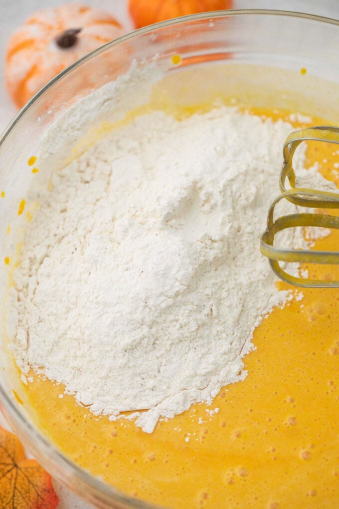 Pumpkin pound cake batter in a bowl.
