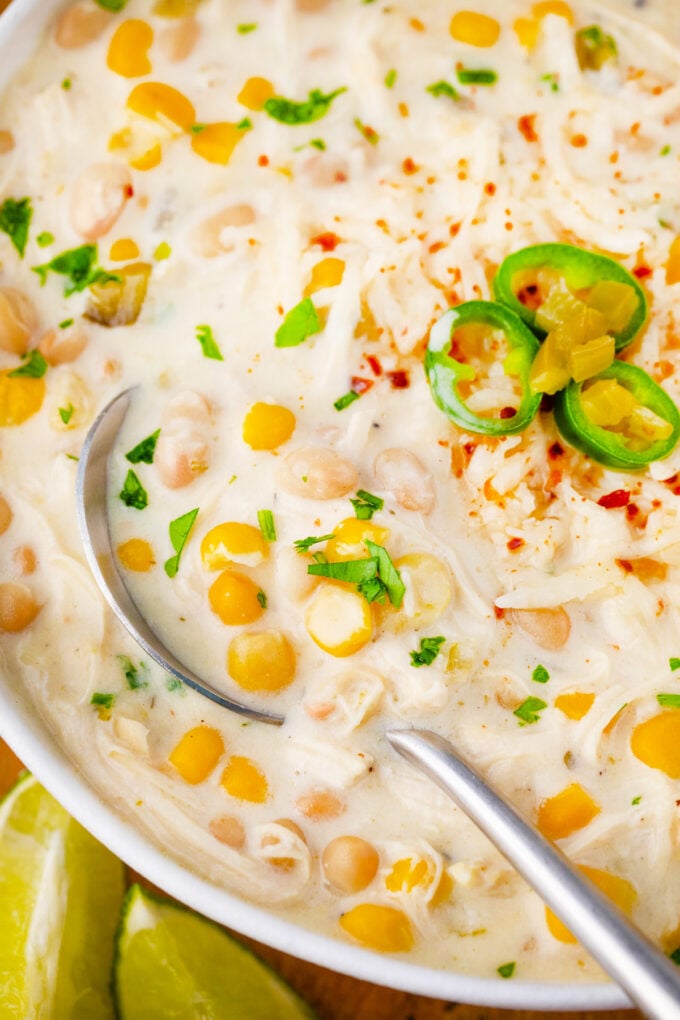 A bowl of Instant Pot white chicken chili with corn.