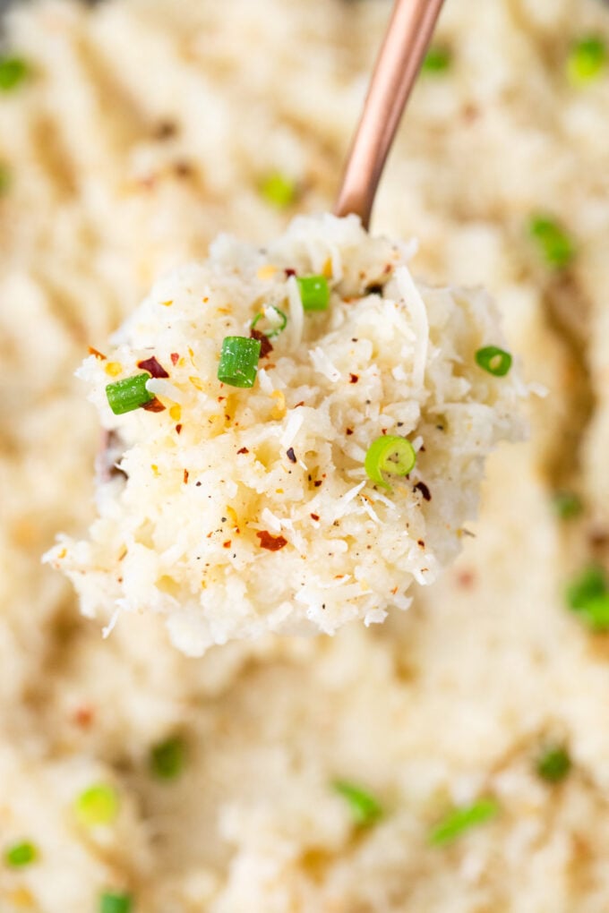 A forkful of creamy mashed cauliflower.