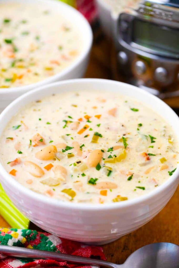 a bowl of creamy crockpot ham and bean soup