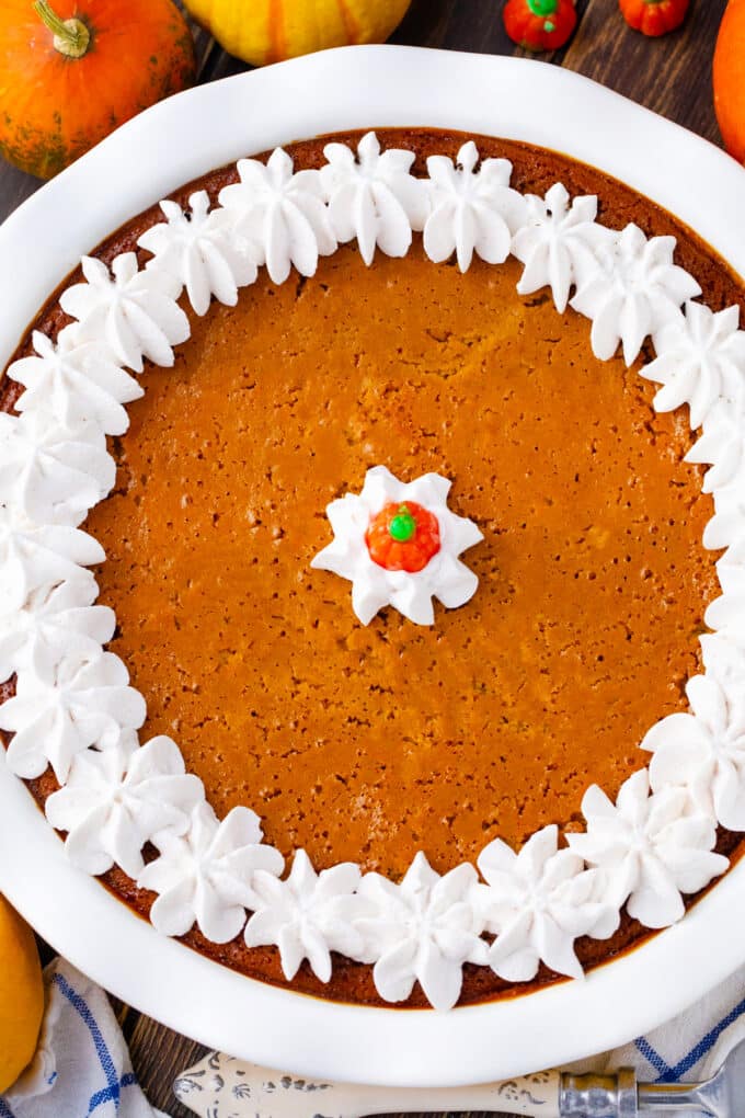 Overhead shot of creamy crustless pumpkin pie.