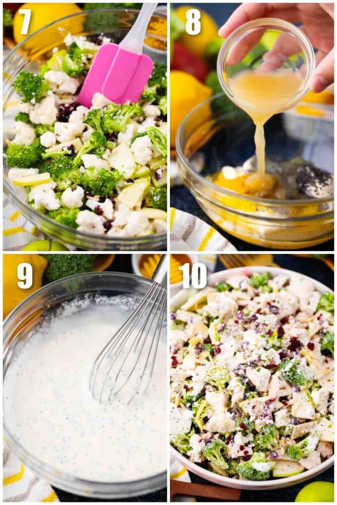 collage of photos showing how to add creamy dressing to broccoli cauliflower salad