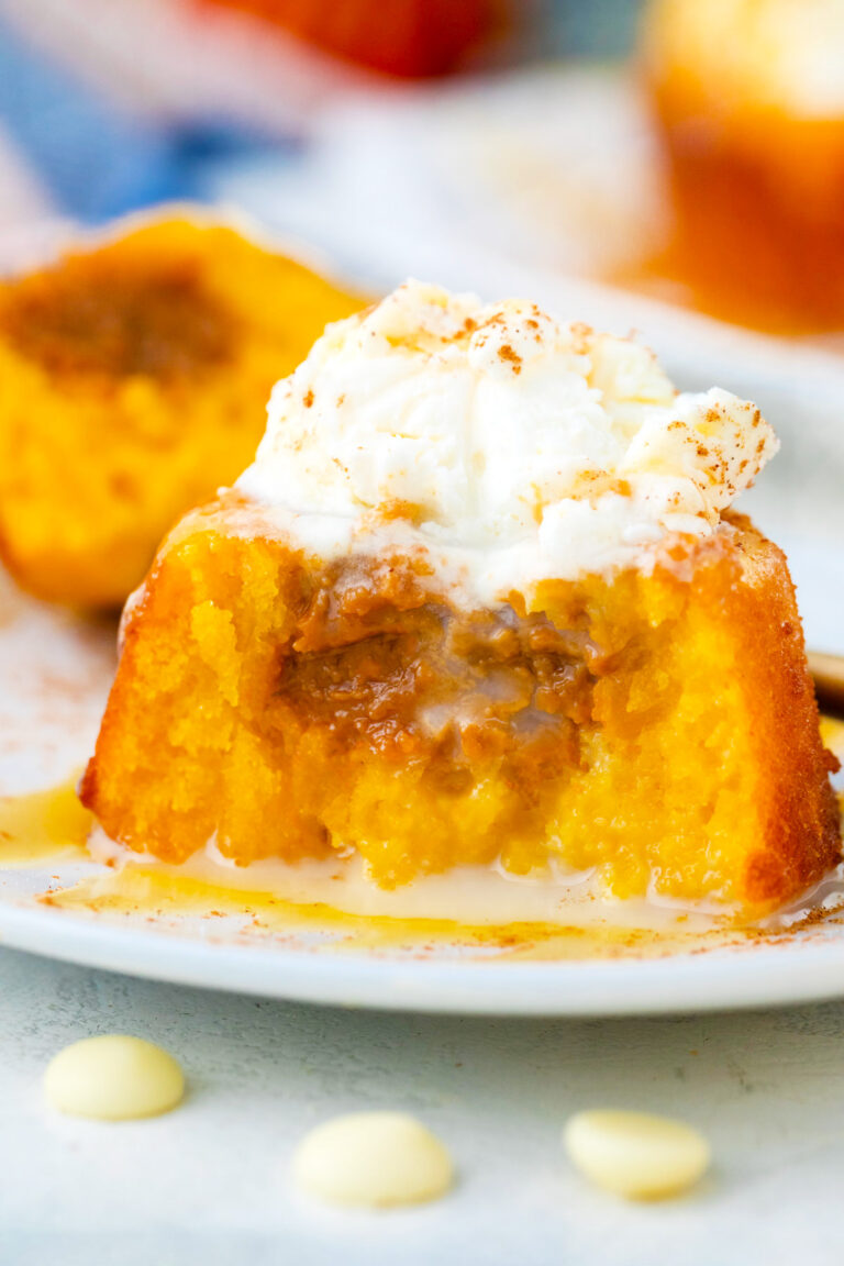 Gooey dulce de leche stuffed pumpkin lava cakes.