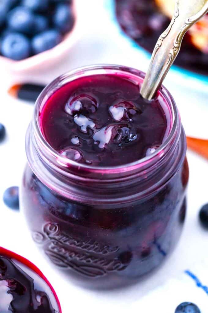 a jar of homemade blueberry sauce