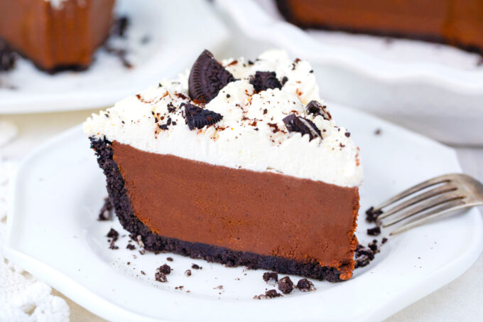 A slice of no bake chocolate pie.