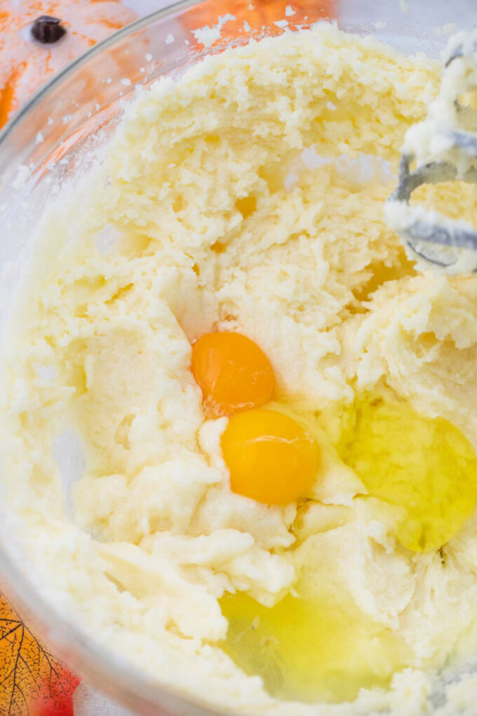Whisking eggs into butter.