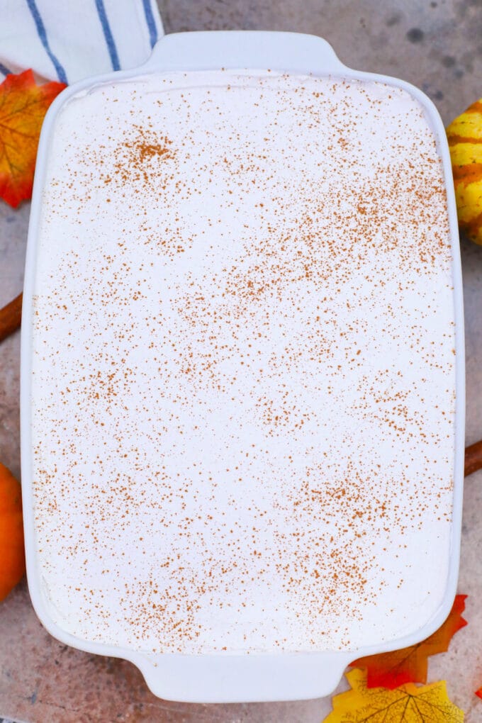 Overhead shot of frosted tres leches pumpkin cake.