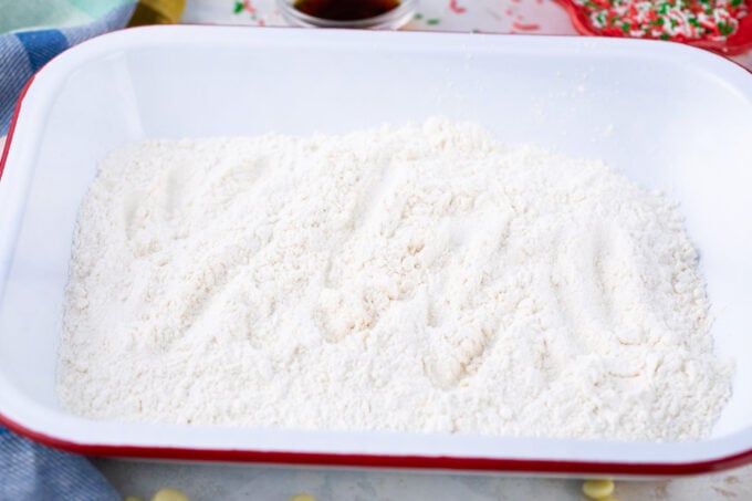 Cake mix in a baking dish.
