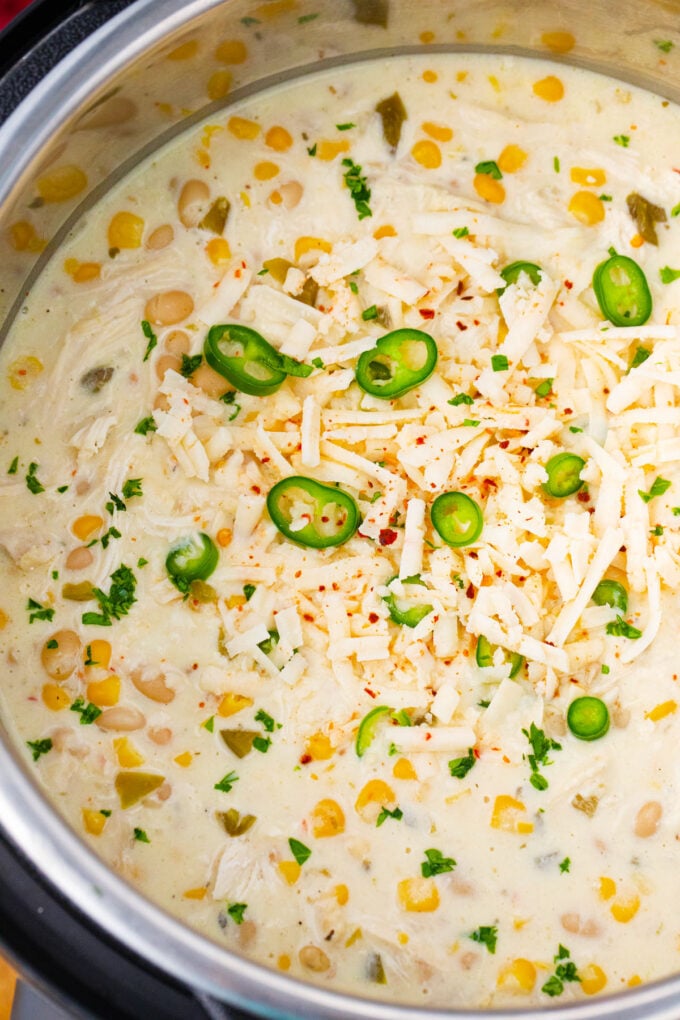 Overhead shot of creamy Instant Pot white chicken chili.