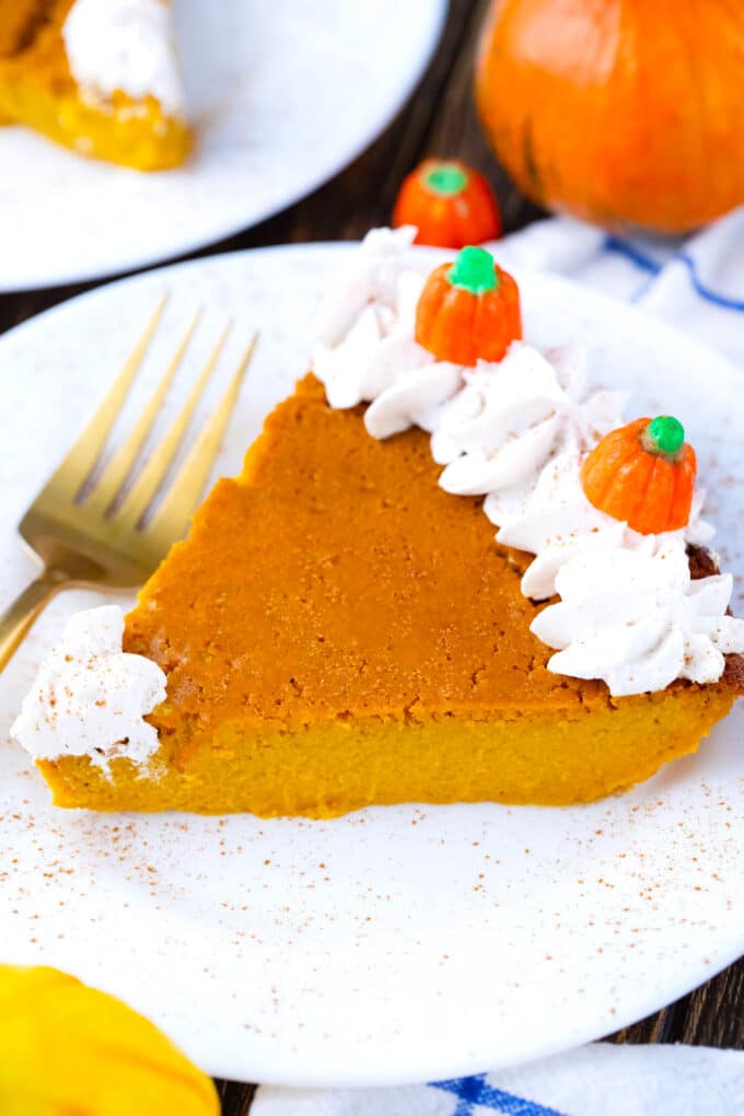 A slice of gluten-free creamy crustless pumpkin pie.