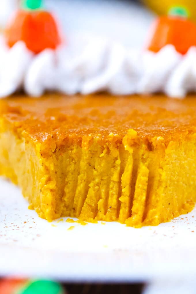Creamy and smooth crustless pumpkin pie.