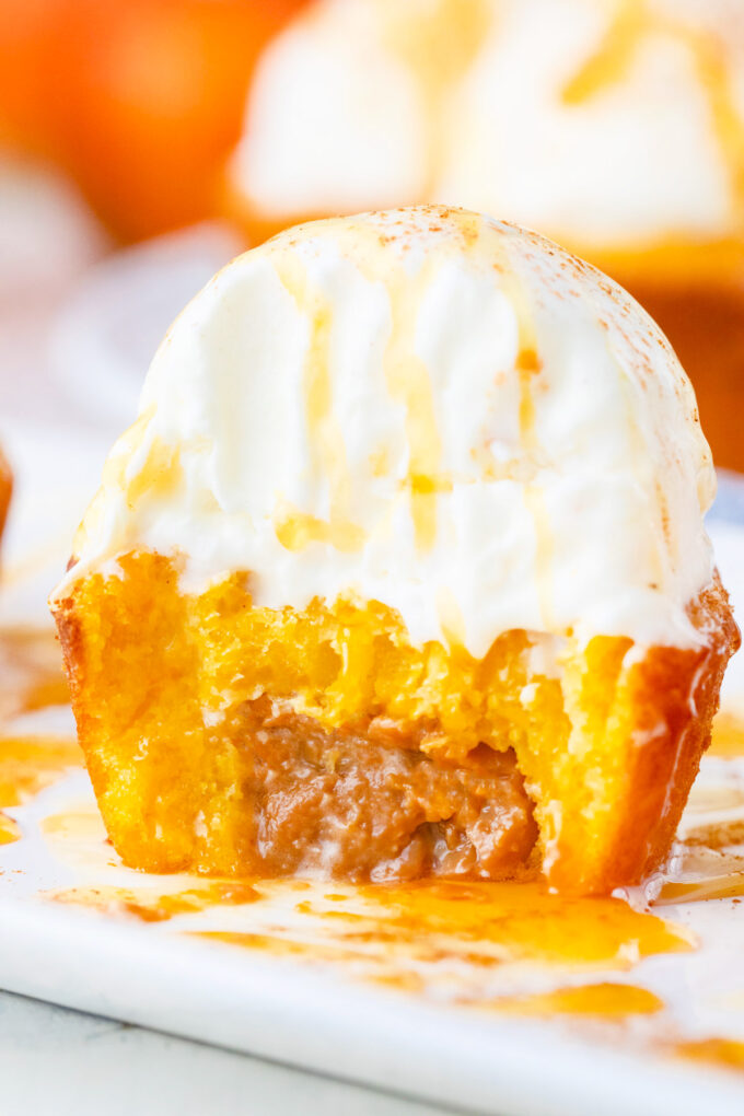 Pumpkin lava cake stuffed with creamy dulce de leche.