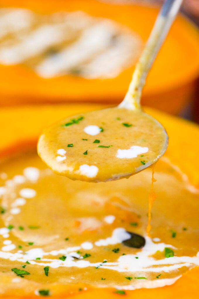A spoonful of homemade instant pot pumpkin soup.