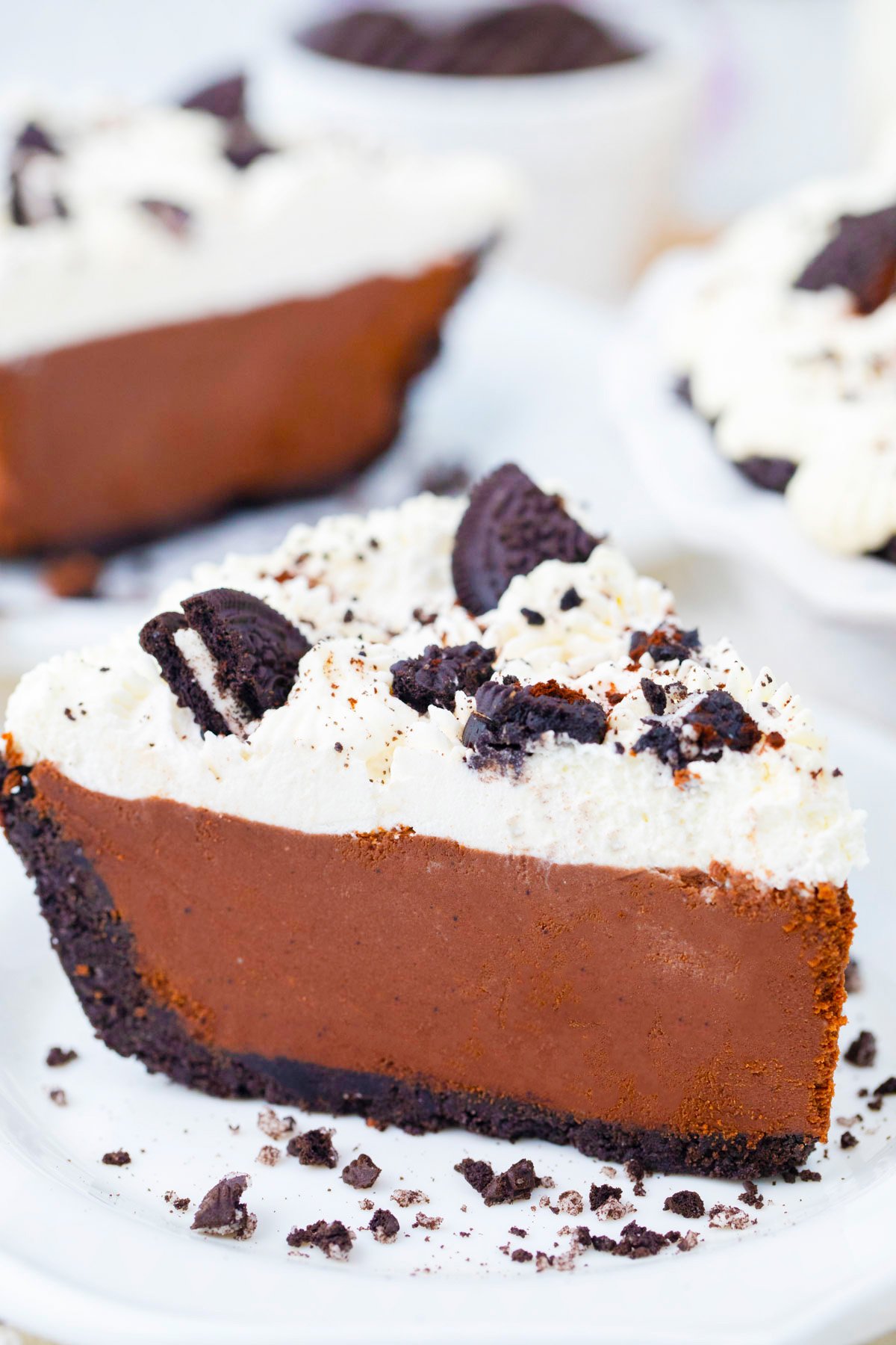 A slice of homemade no bake chocolate pie.