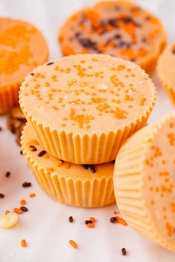 Pumpkin fudge topped with sprinkles.