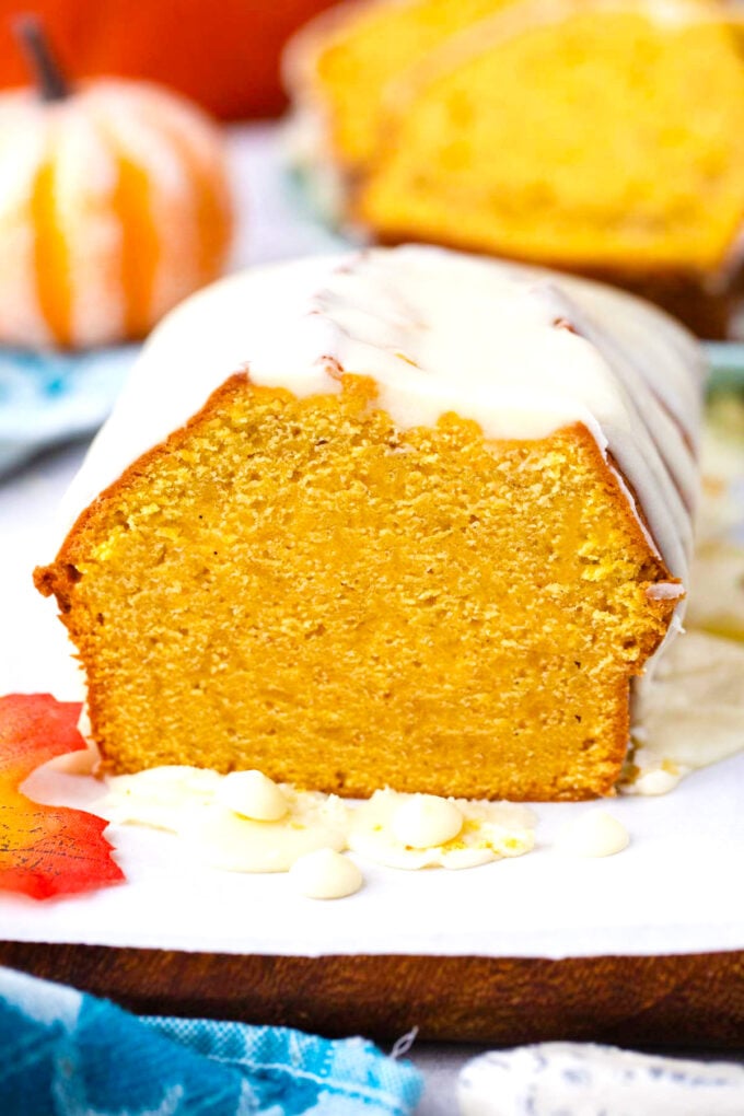 Pumpkin pound cake with white chocolate ganache.