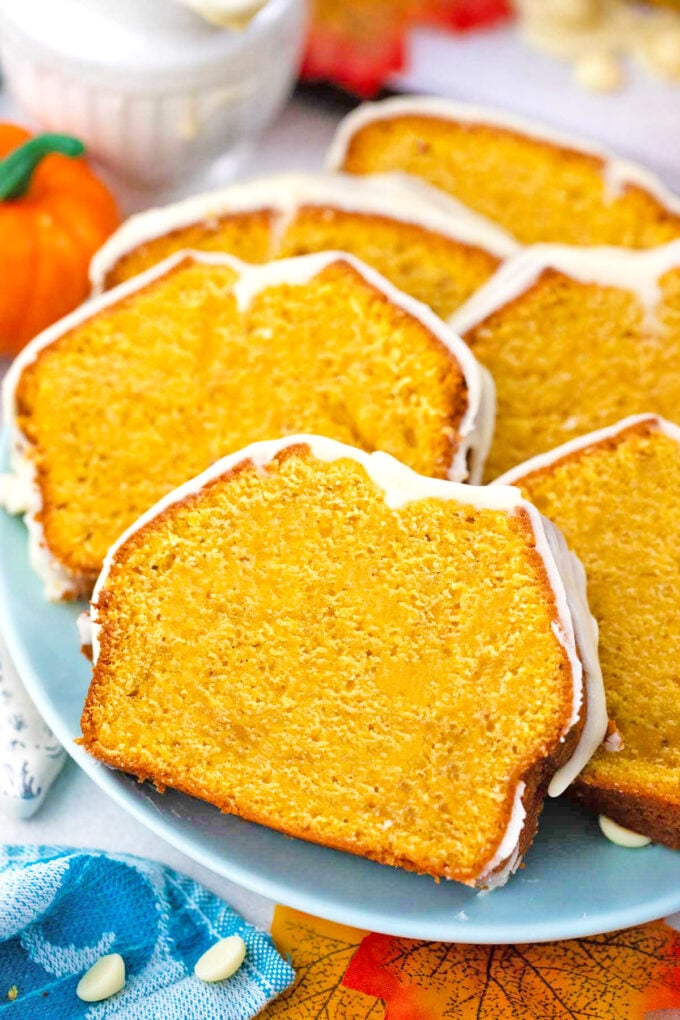 Sliced glazed pumpkin pound cake.