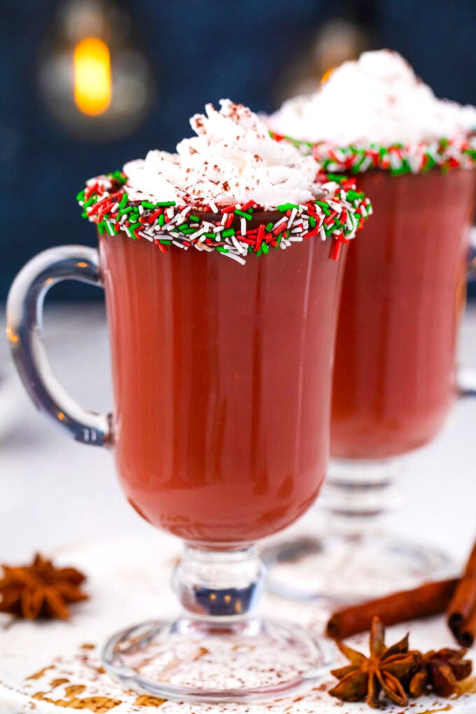 Two cups of red velvet hot chocolate.