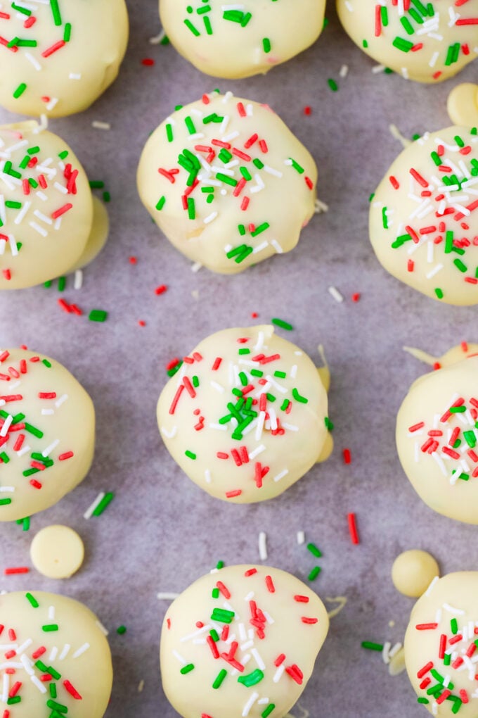 Overhead shot of homemade white chocolate sugar cookie truffles.