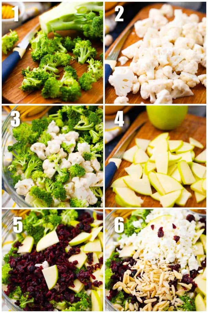 collage of how to make broccoli cauliflower salad