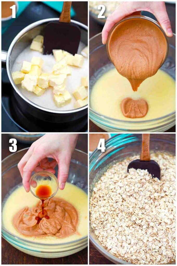 photo collage of how to make no bake peanut butter cookies