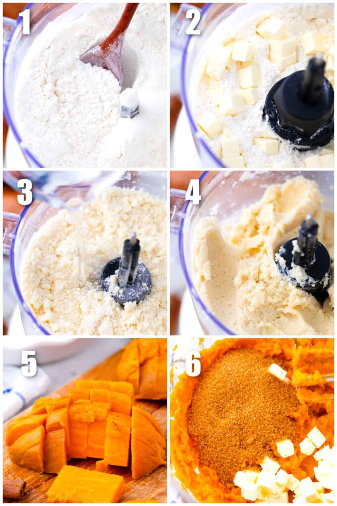 collage of photos showing how to make pie crust and sweet potato pie filling