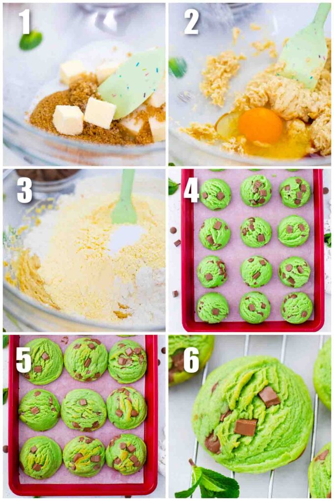 collage of six photos showing how to make pudding mint chocolate chip cookies