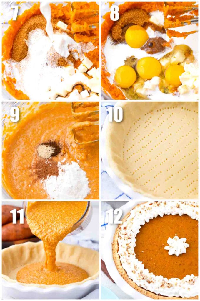 collage of photos showing how to make how to make sweet potato pie