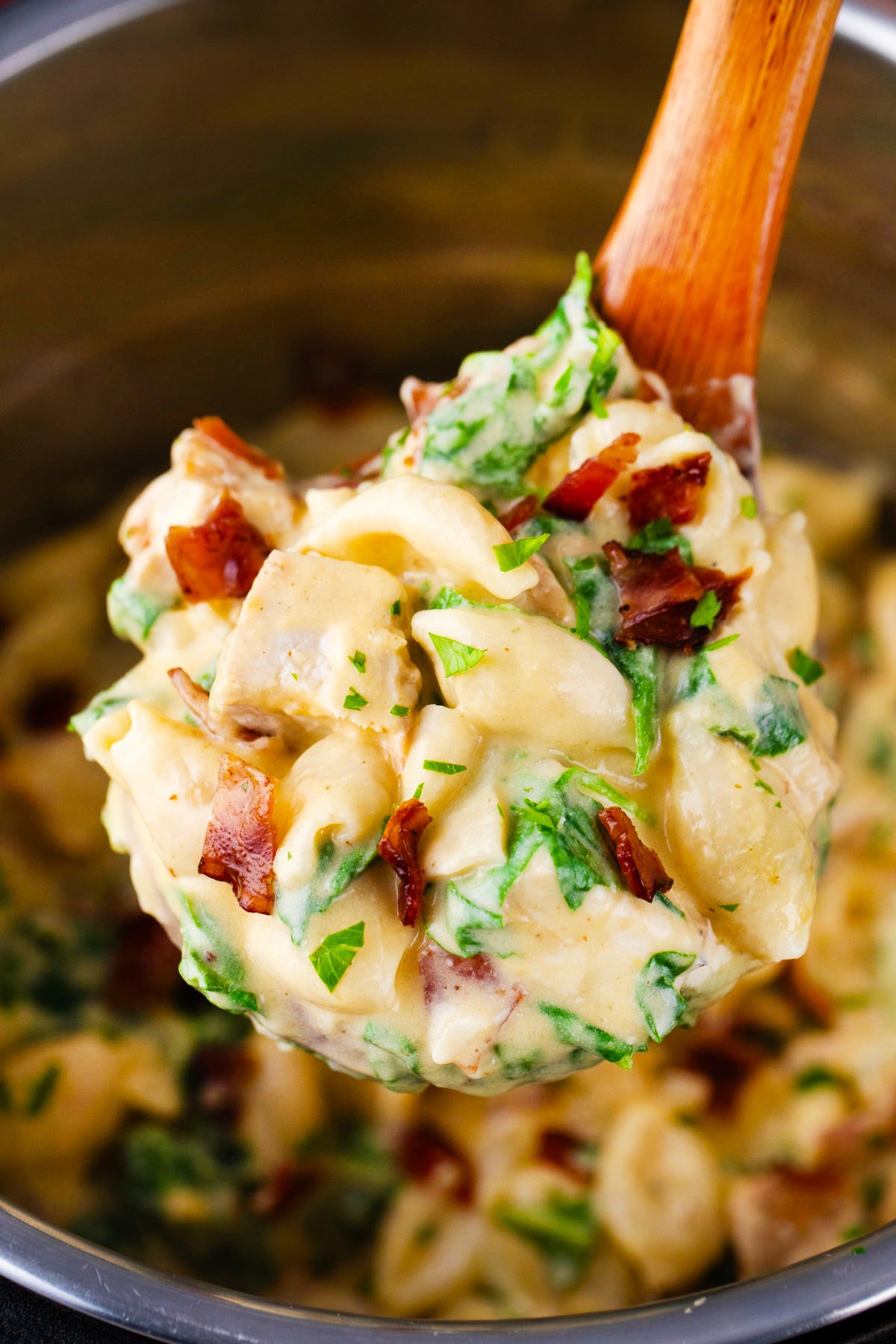 A ladle of creamy instant pot chicken bacon ranch pasta shells.