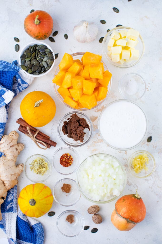Overhead shot of ingredients for homemade instant pot pumpkin soup.