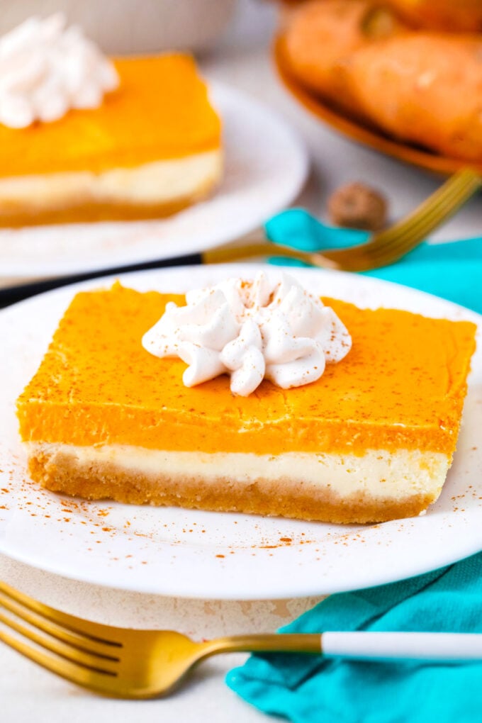 Two layer sweet potato cheesecake bars topped with whipped cream.
