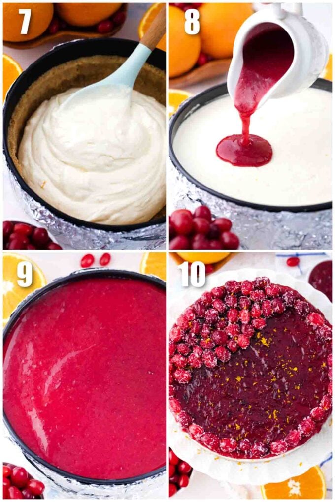 collage of photos showing how to make cranberry cheesecake with cranberry sauce and sugared cranberries