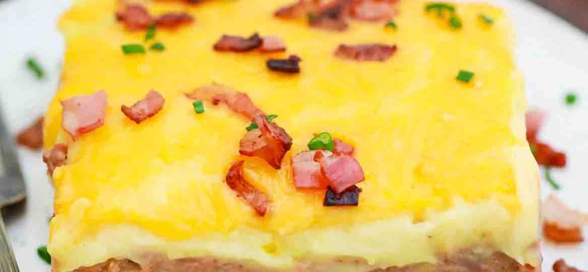 slice of mashed potatoes topped meatloaf casserole