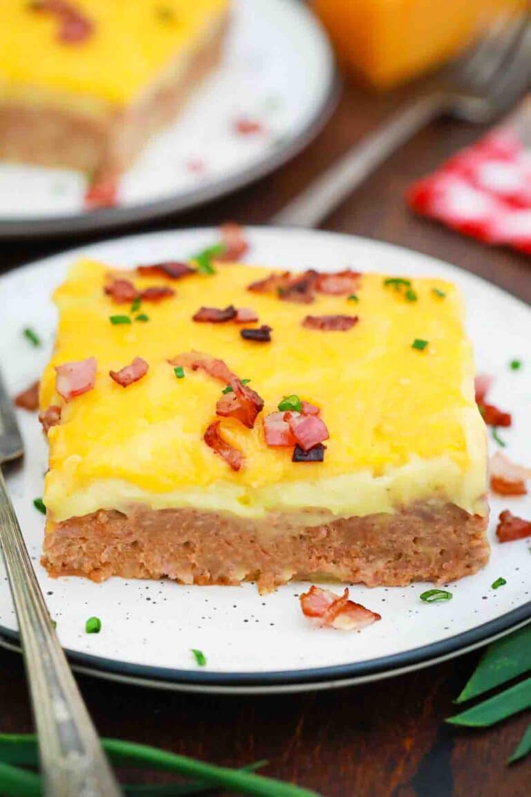 slice of mashed potatoes topped meatloaf casserole