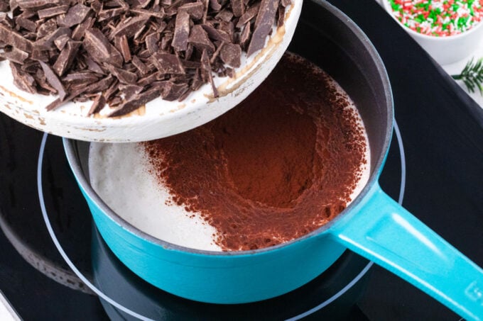 Making red velvet hot chocolate.