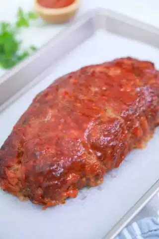 oven baked meatloaf topped with a glaze