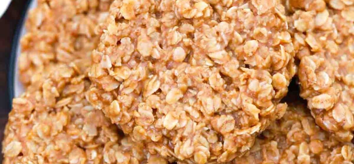 overhead shot of no bake peanut butter cookies on a plate