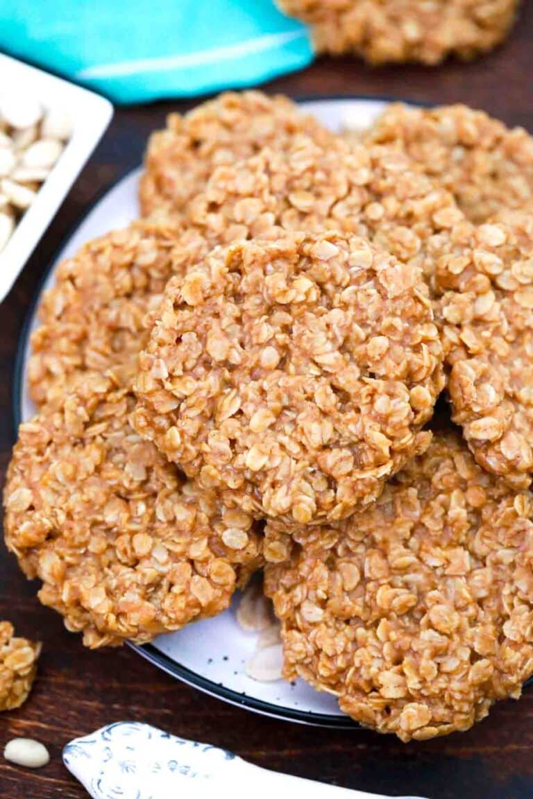 overhead shot of no bake peanut butter cookies on a plate