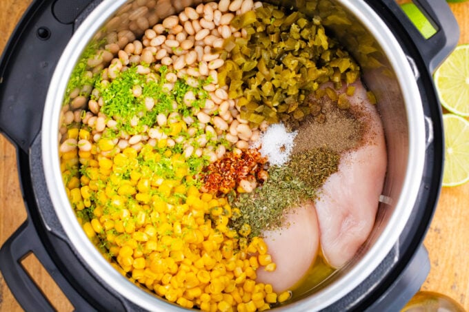 Instant Pot white chicken chili ingredients in the pot.
