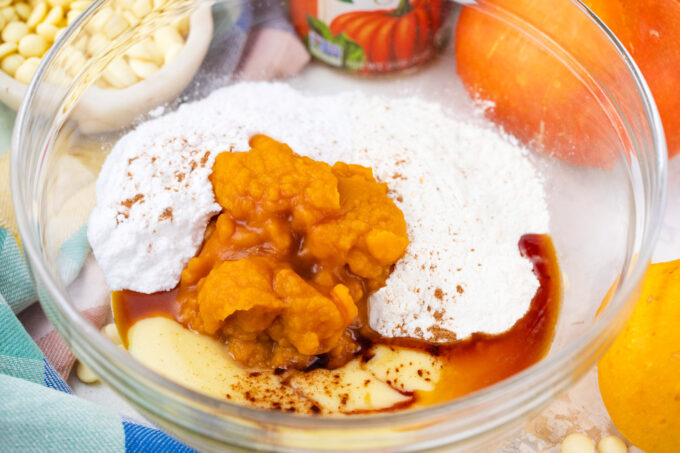 White chocolate pumpkin cake ingredients in a bowl.