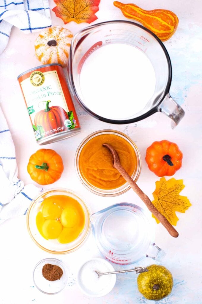 pumpkin pie creme brulee ingredients in bowls on a table